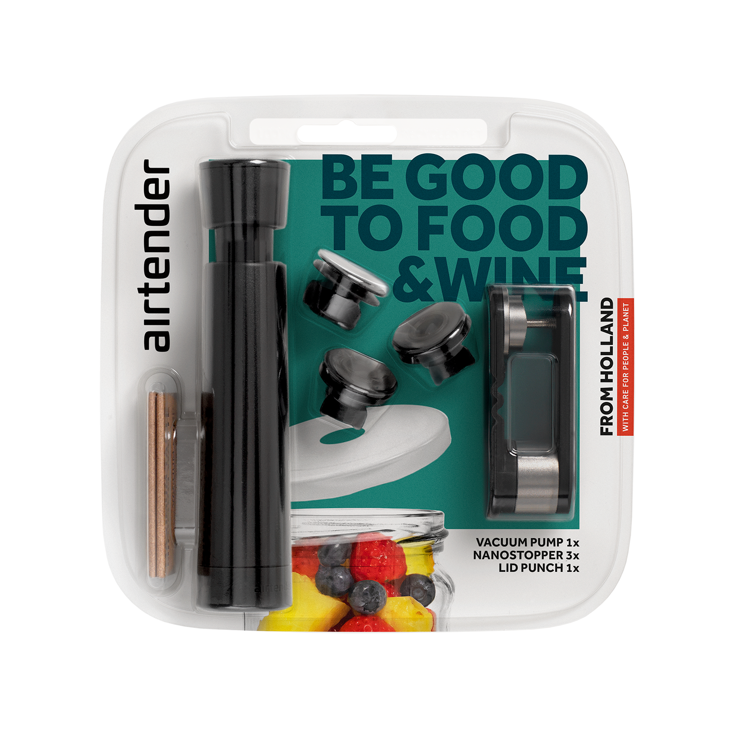 Airtender Vacuümset Food & Wine - Vacuümpomp & 3 Vacuümstoppers met Perforator